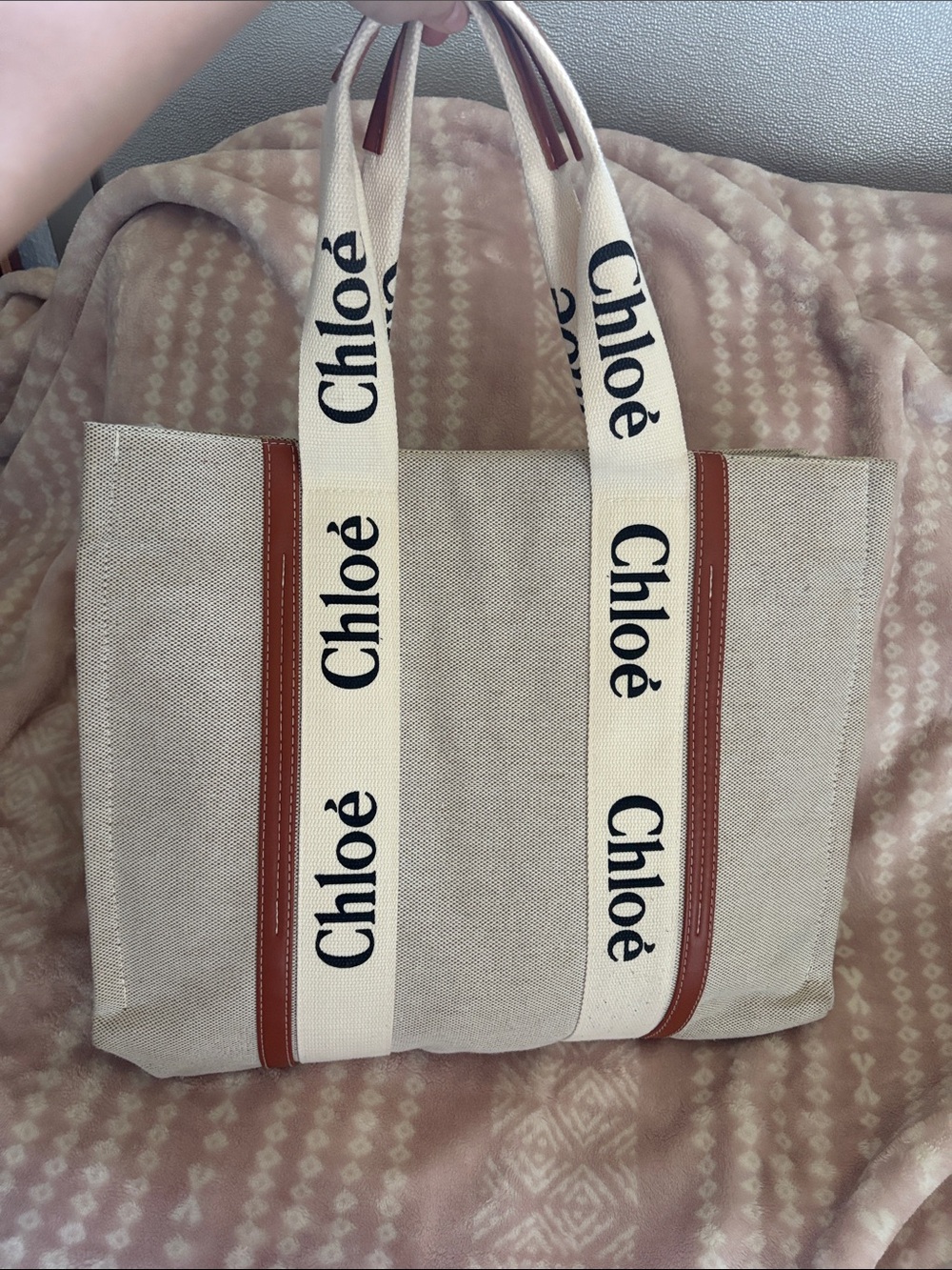 Beige Canvas Tote Bag with Brown Trim - Picture 3 of 5